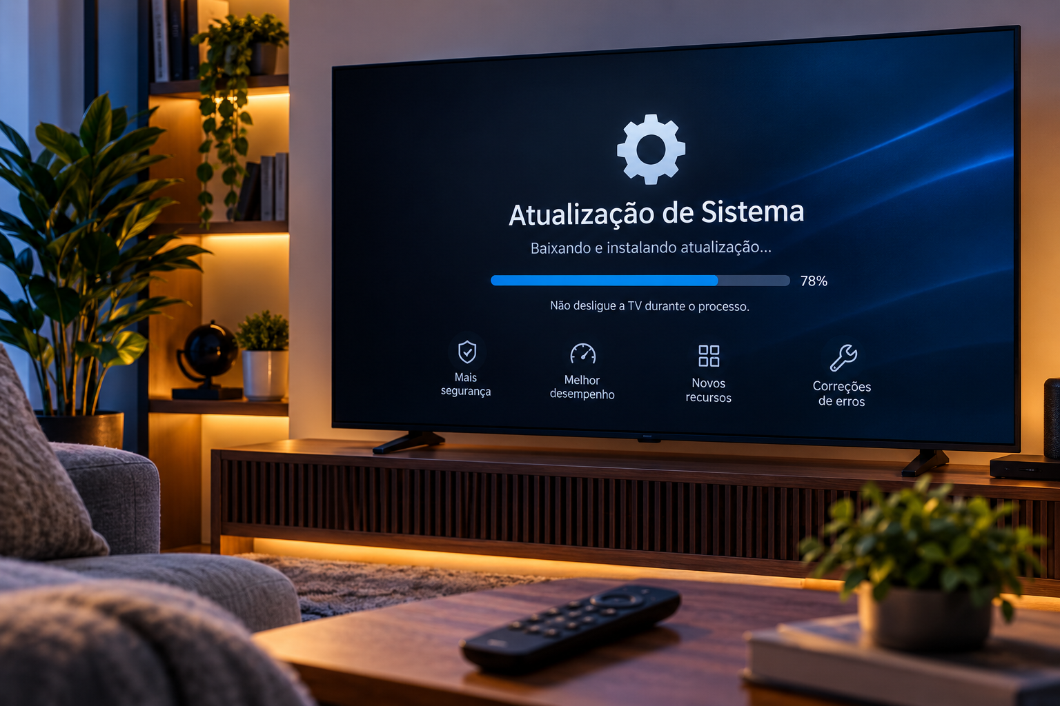 Smart TV exibindo uma atualização de sistema em andamento