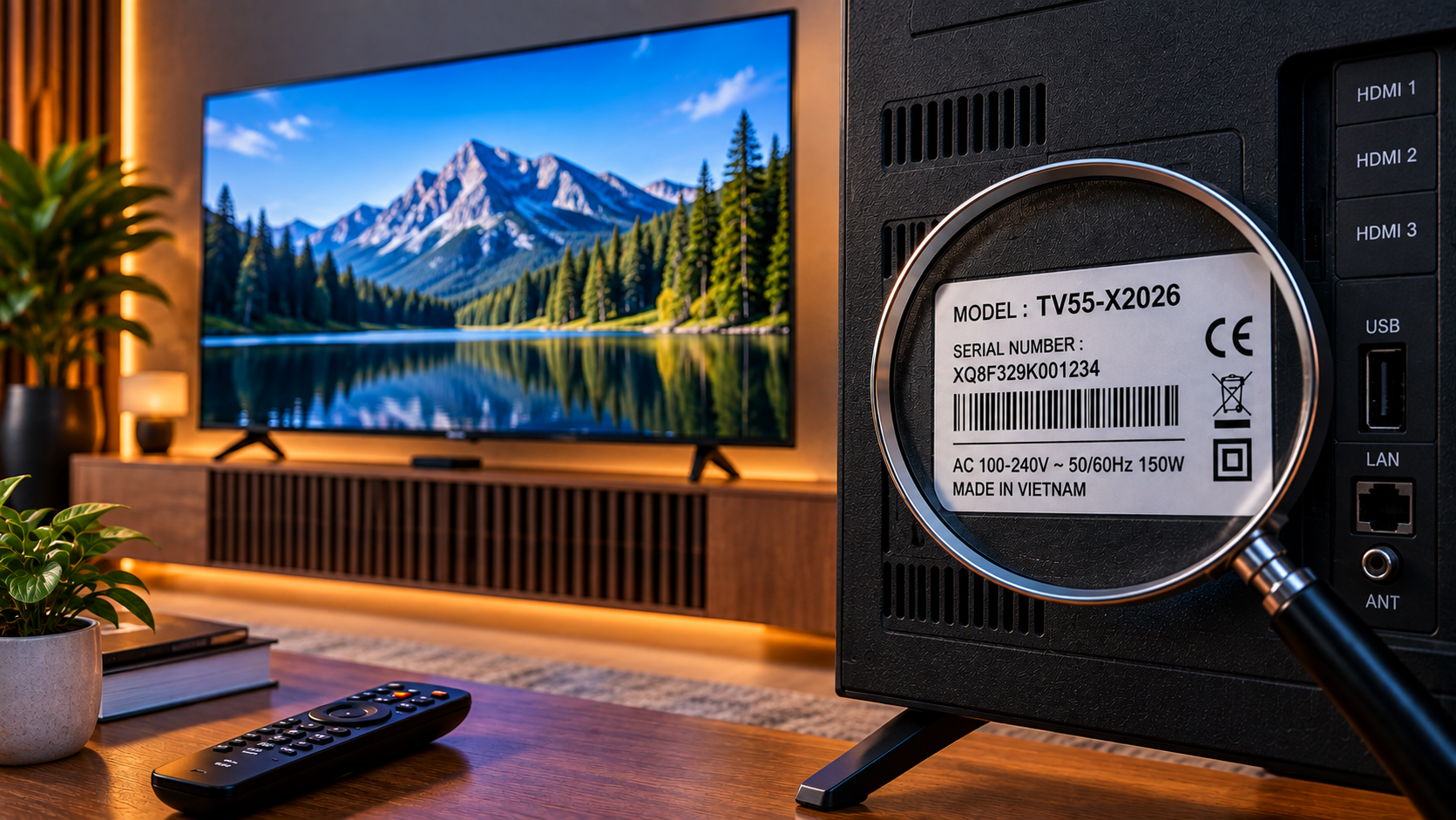 Smart TV representando a identificação do modelo e das informações do aparelho