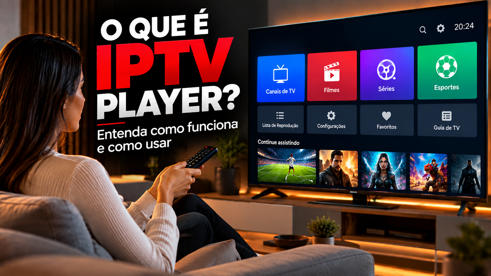 Smart TV exibindo um IPTV Player e opções de reprodução de conteúdo