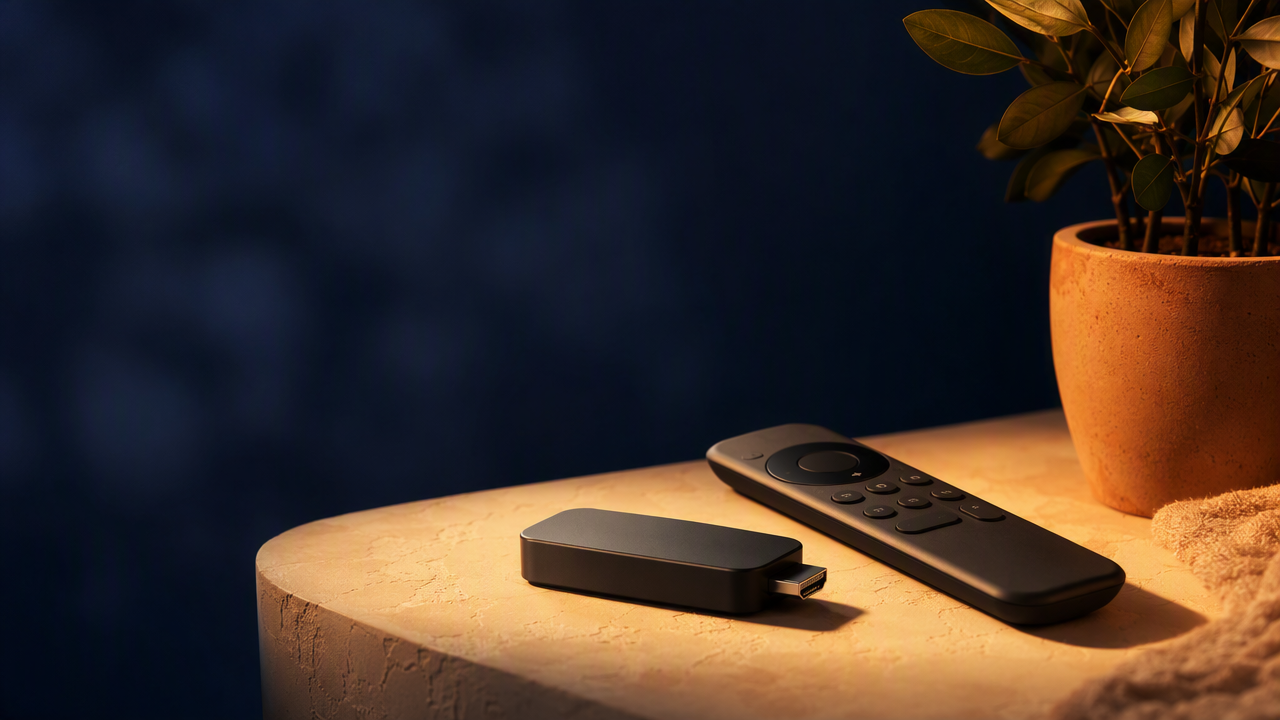 Aparelho de streaming e controle remoto sobre superfície clara com luz âmbar